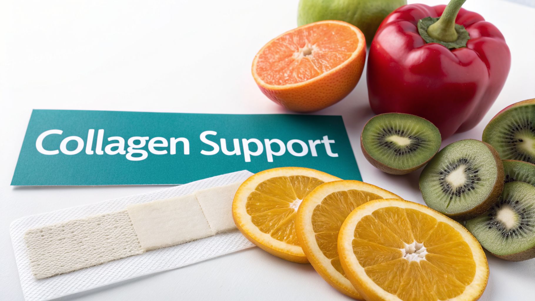 A 'Collagen Support' sign surrounded by oranges, kiwis, red pepper, and a bandage.