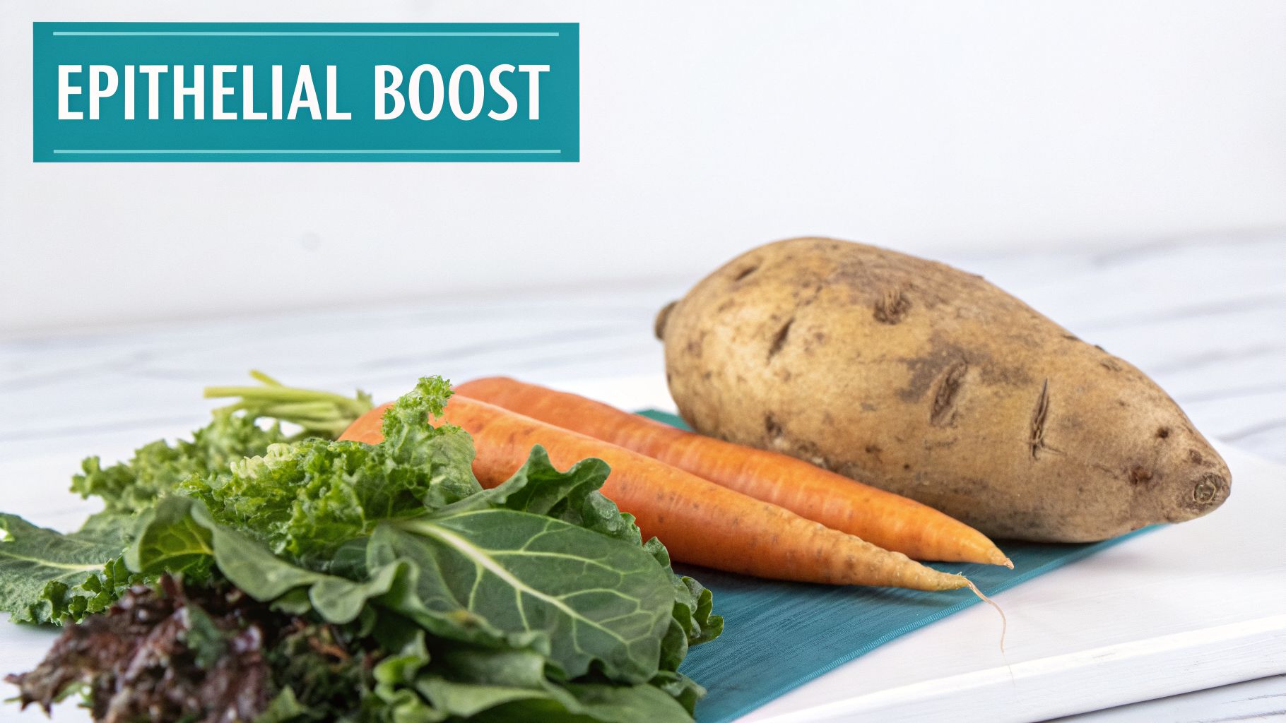 A teal banner reads "EPITHELIAL BOOST" above fresh kale, collard greens, carrots, and a sweet potato.