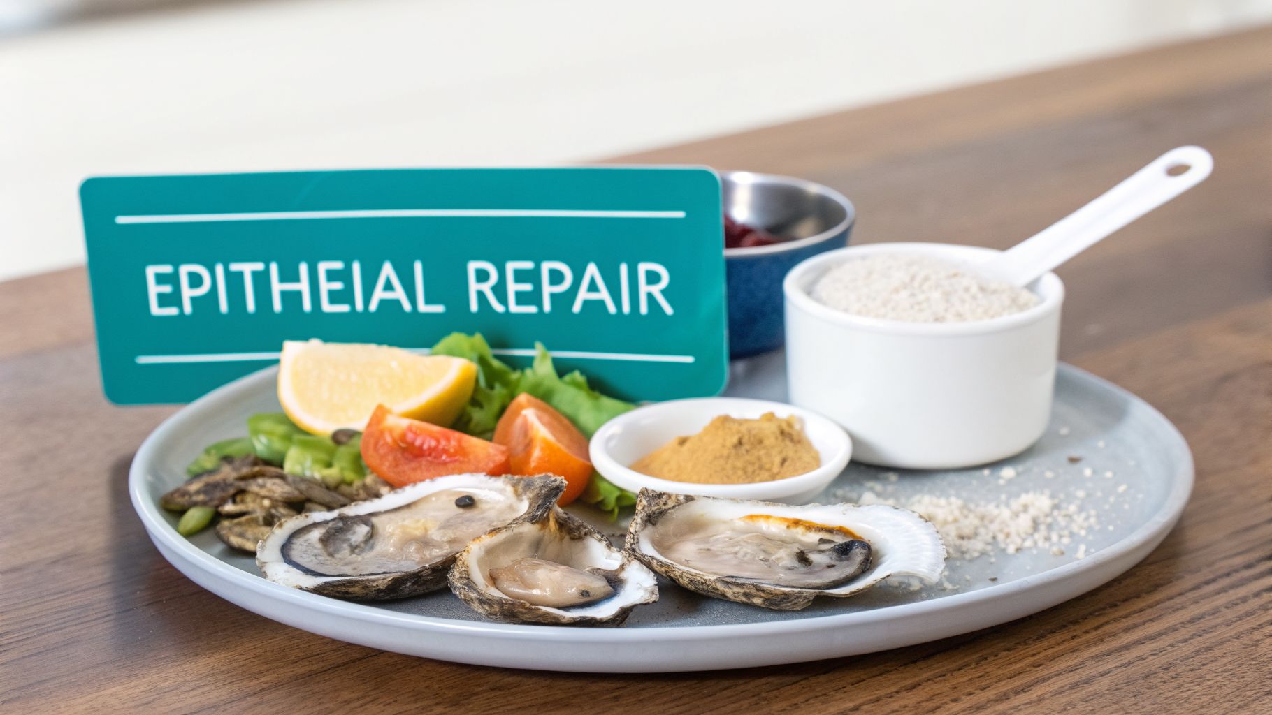 A plate with fresh oysters, lemon, tomato, and powdered supplements, with an 'EPITHELIAL REPAIR' sign.