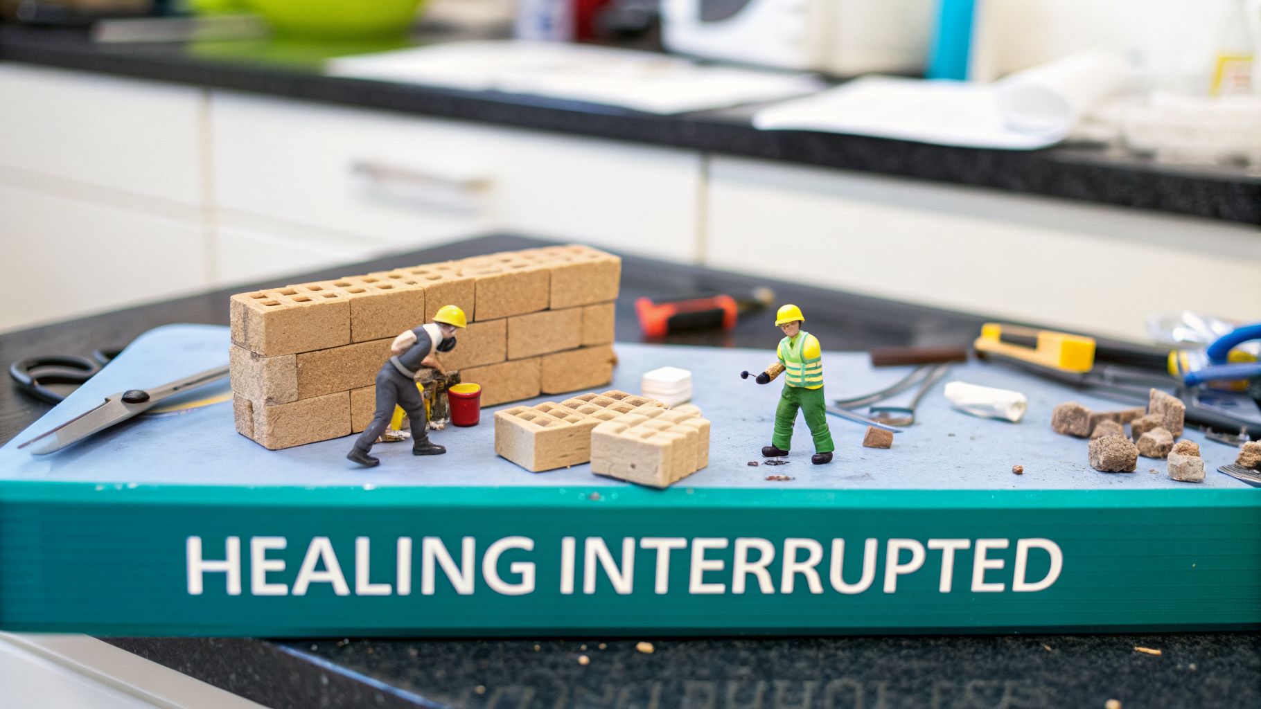 Miniature construction workers build a brick wall on a blue surface, with a sign reading 'HEALING INTERRUPTED'.