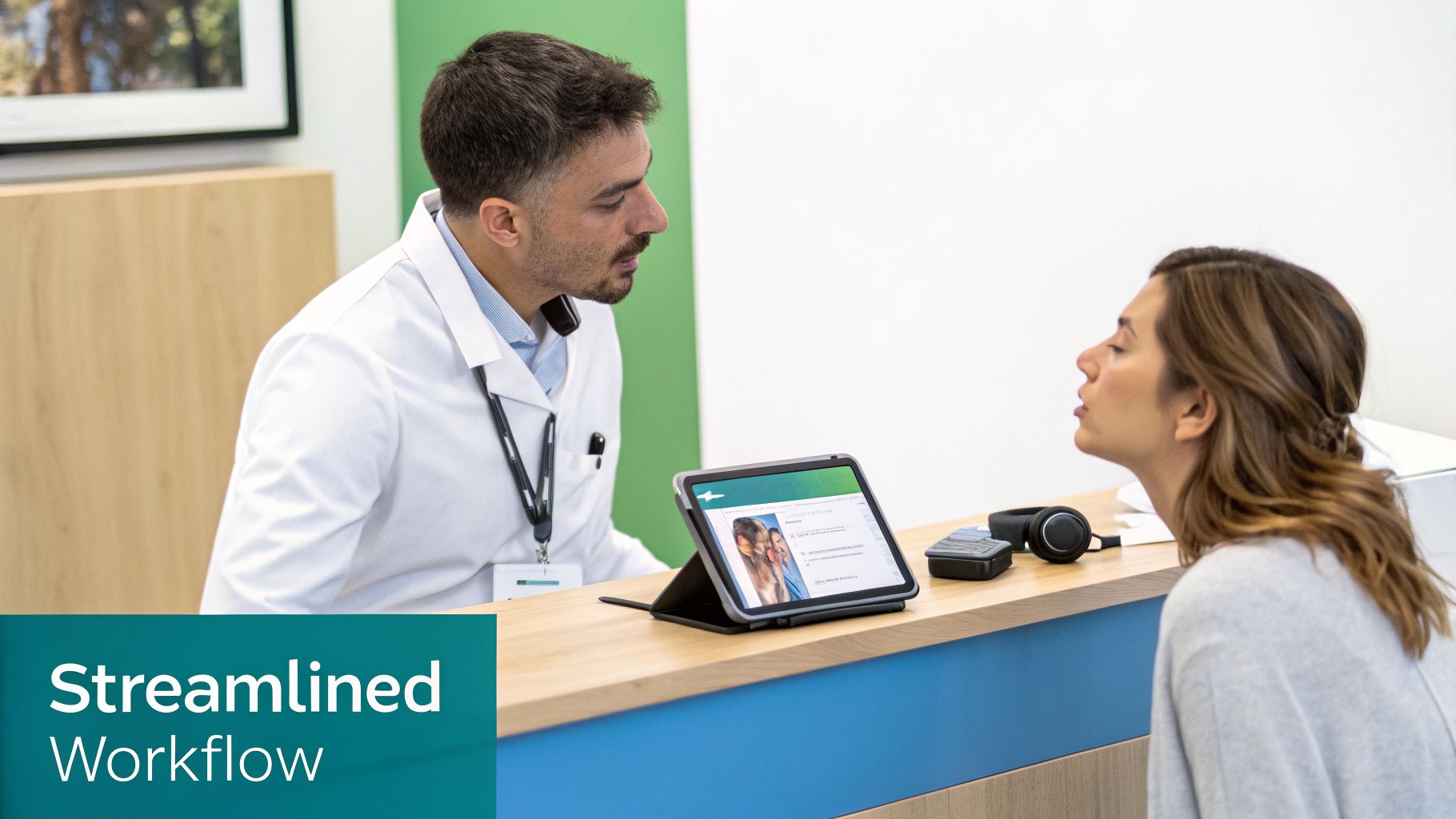 Healthcare professional consults with a female patient using a tablet for a streamlined interaction.