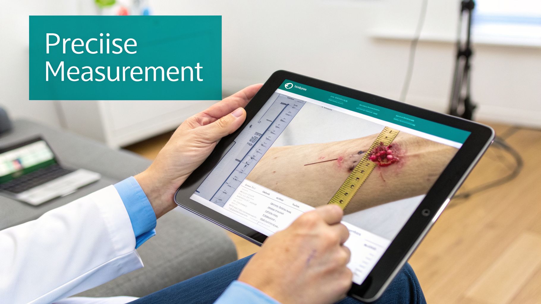 Medical professional examining a chronic leg wound with a ruler on a tablet for precise measurement.