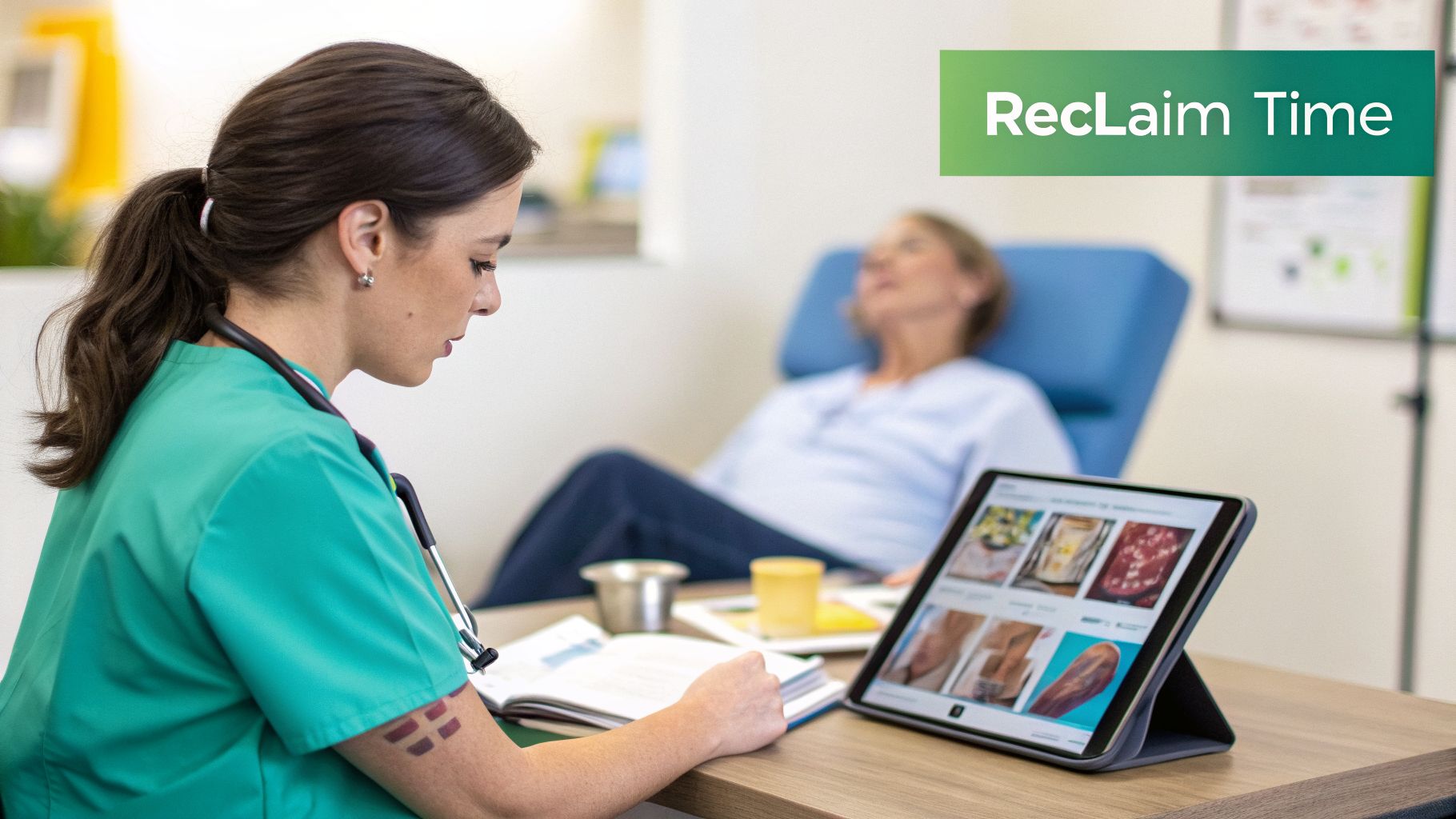 A healthcare professional reviews wound images on a tablet, with a patient relaxing in a medical setting.