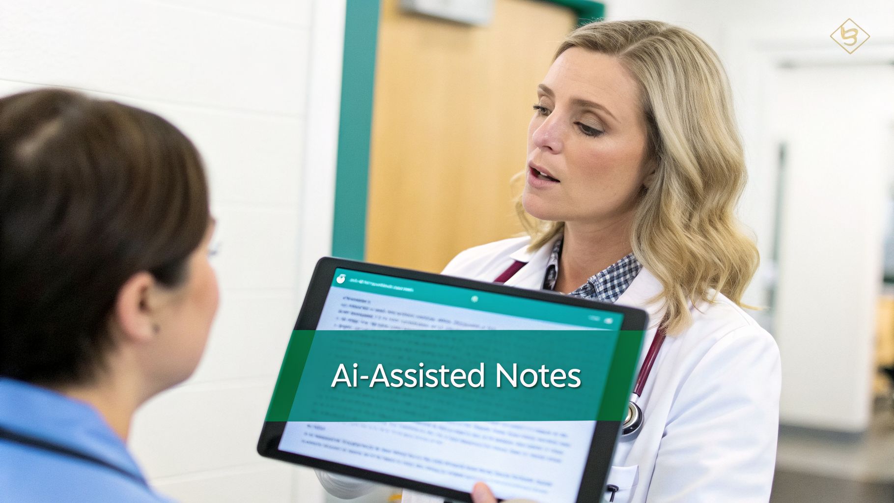 A doctor in a white coat shows a tablet displaying 'Ai-Assisted Notes' to a medical colleague.