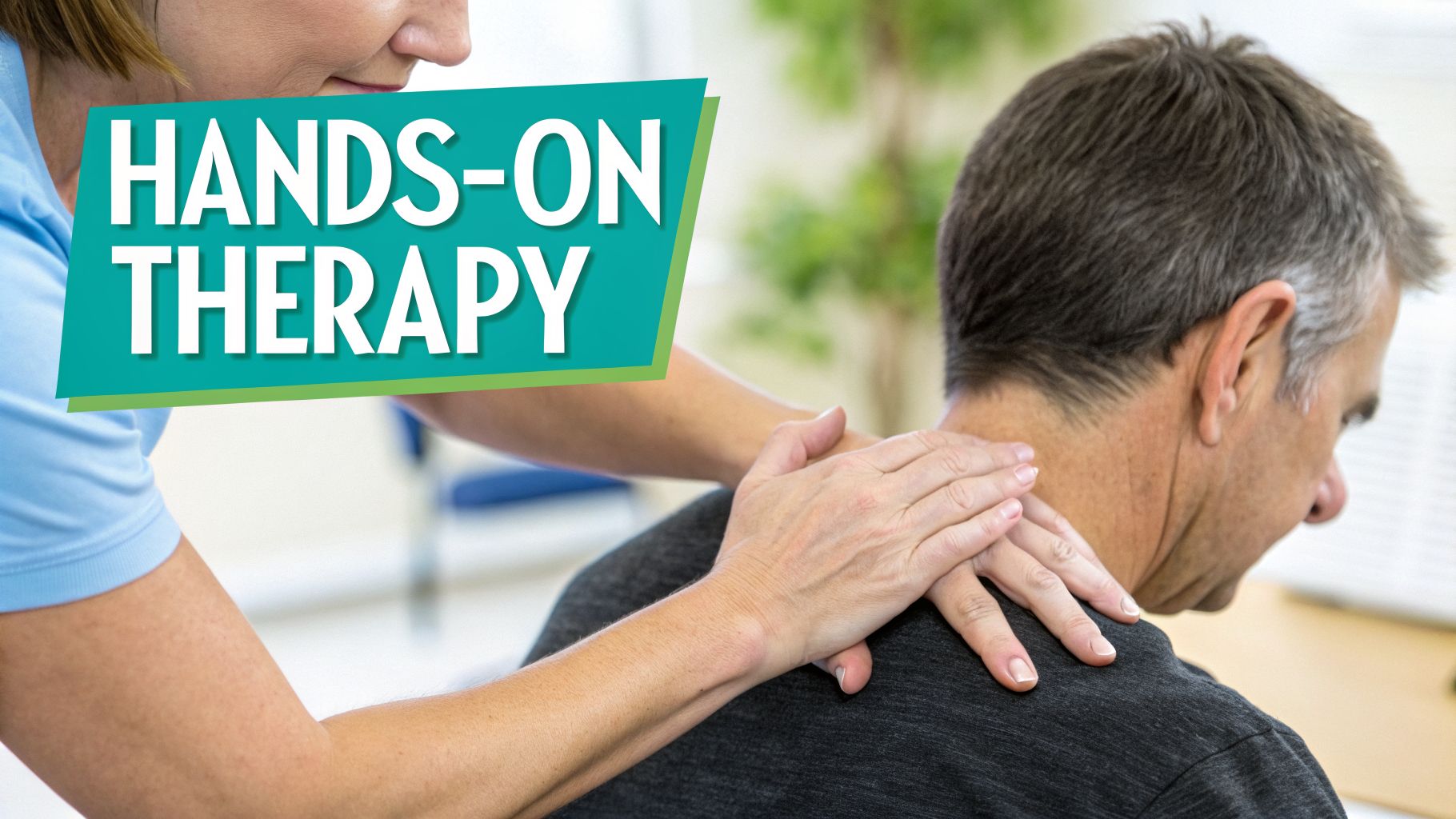 A therapist performs hands-on therapy, massaging a man's neck and shoulders in a clinic.