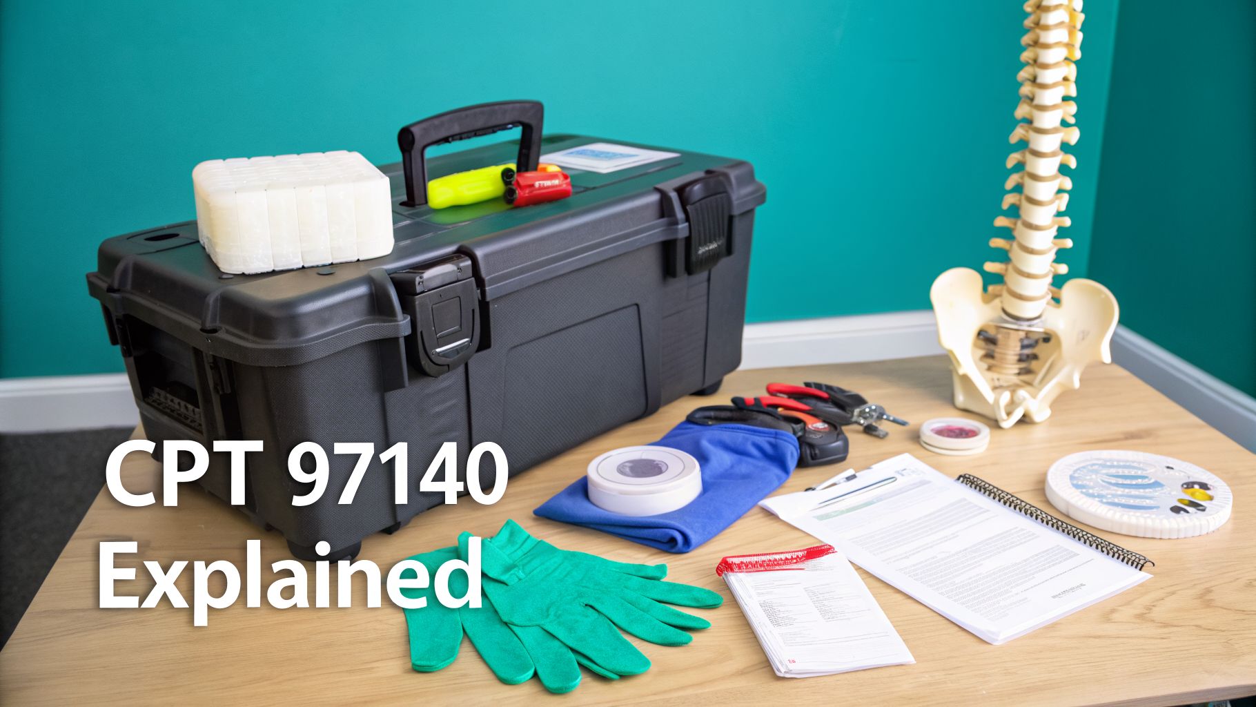 A wooden desk with a black toolbox, medical gloves, tape, documents, and a spinal model, featuring 'CPT 97140 Explained' text.