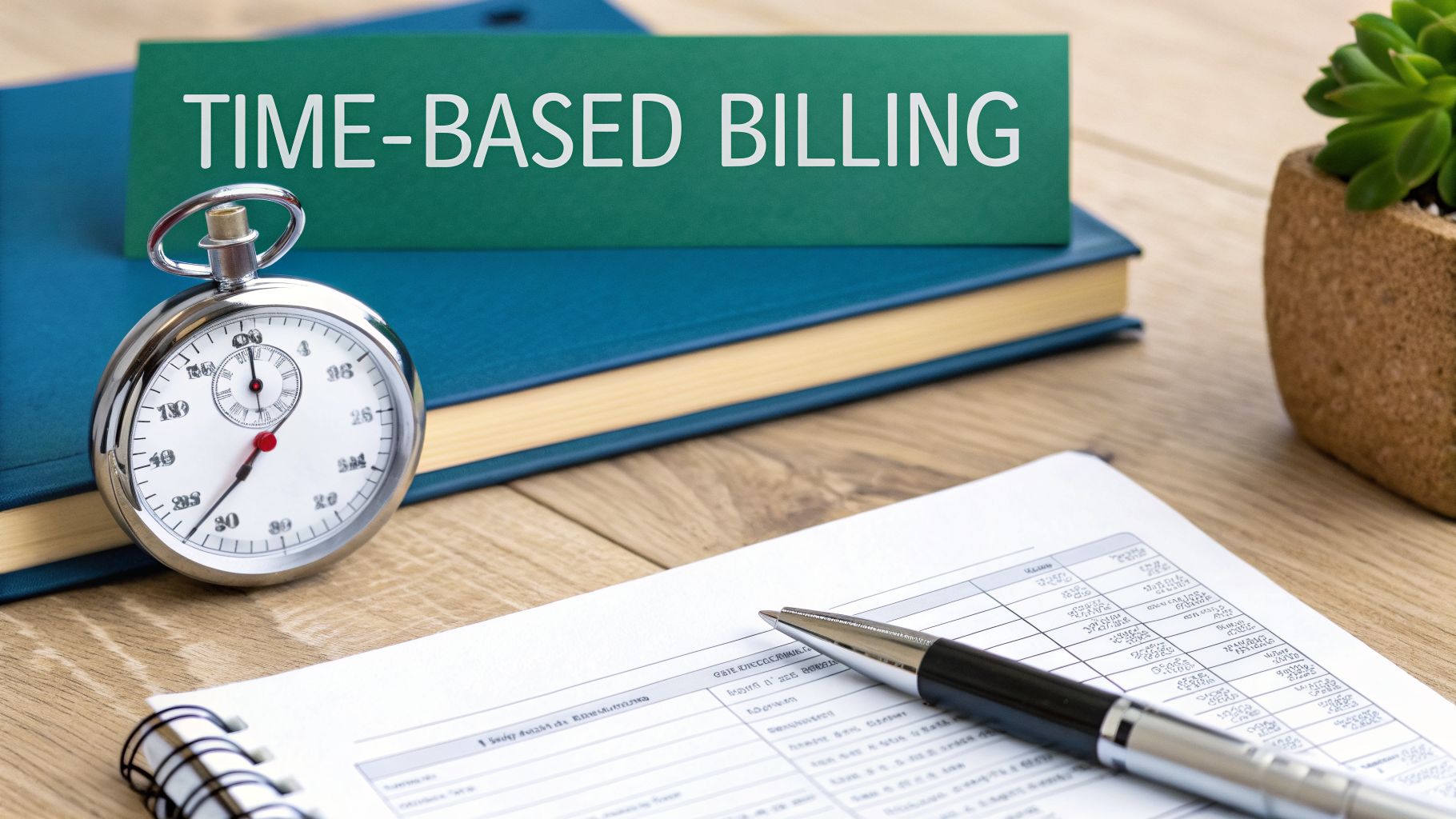 A green sign on a wooden desk displays 'TIME-BASED BILLING' next to a stopwatch and documents.