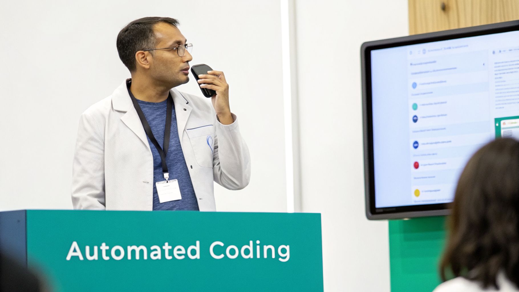 Man presenting 'Automated Coding' topic, speaking into a device with a monitor displaying software.
