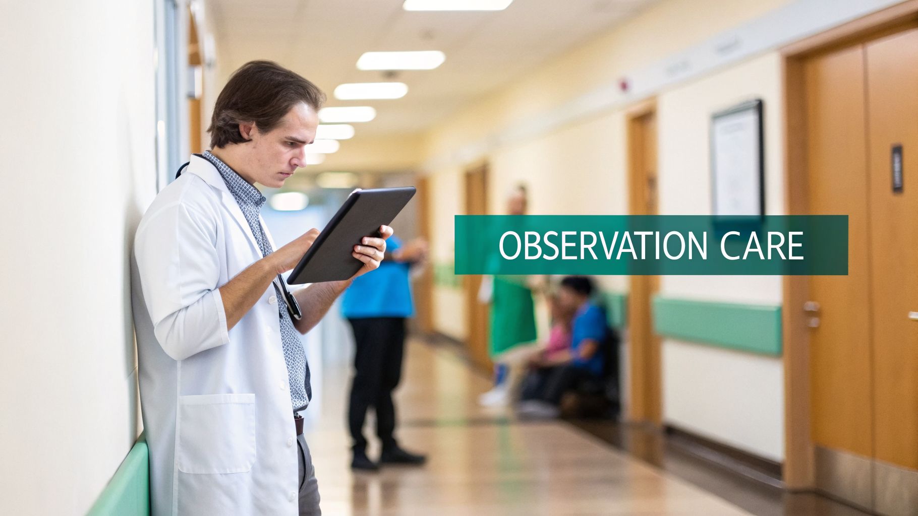 A focused doctor in a white coat uses a tablet in a hospital hallway under an "OBSERVATION CARE" banner.