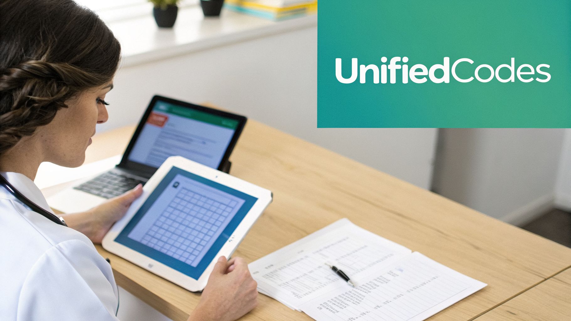 Healthcare professional using a tablet and laptop for medical data management and observation.