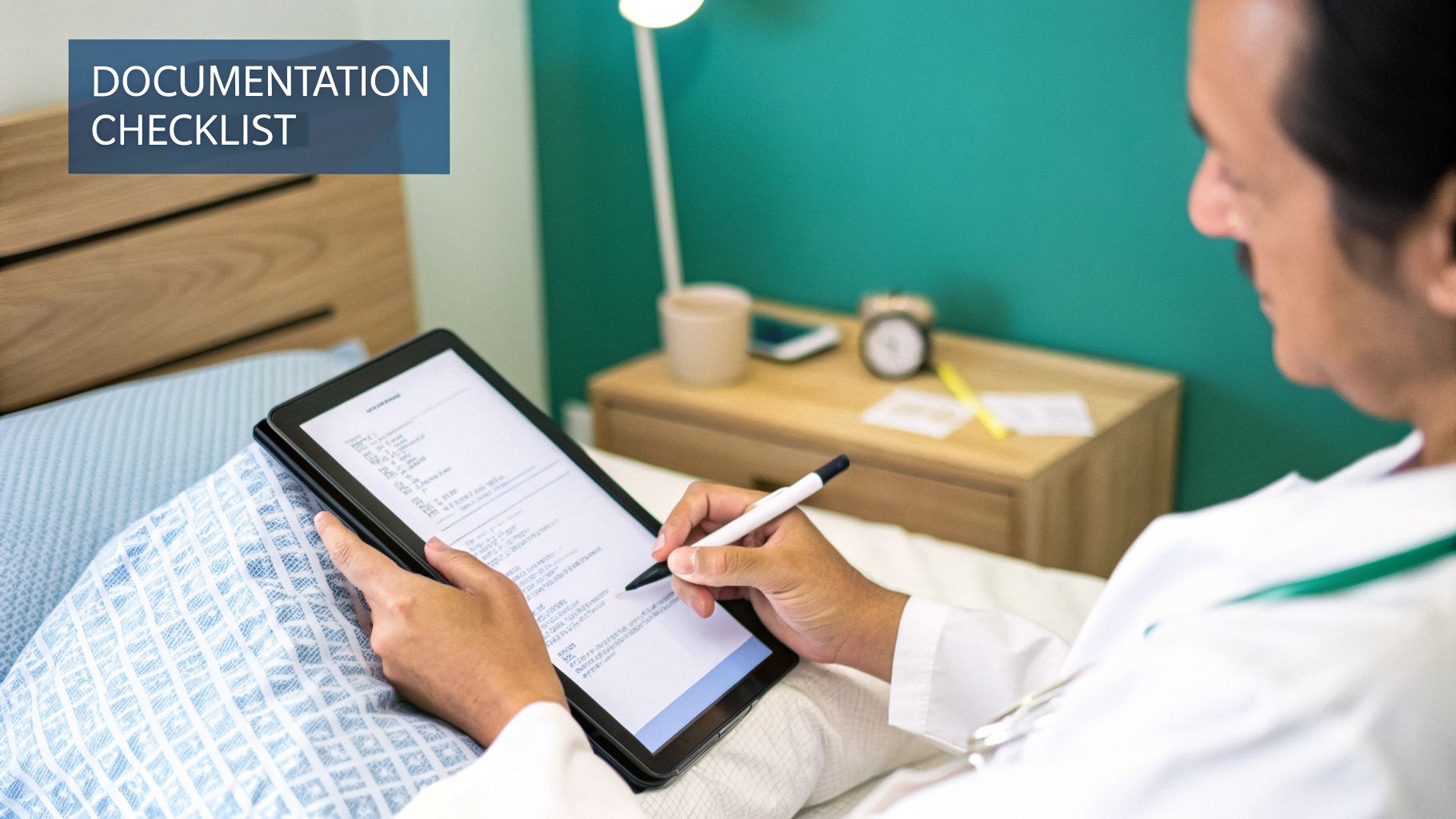 A doctor in a white coat uses a stylus on a tablet showing a documentation checklist.