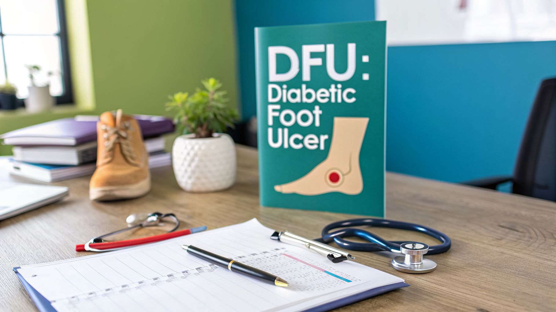 Medical desk setup with DFU book, stethoscope, and office supplies, highlighting diabetic foot ulcer awareness.