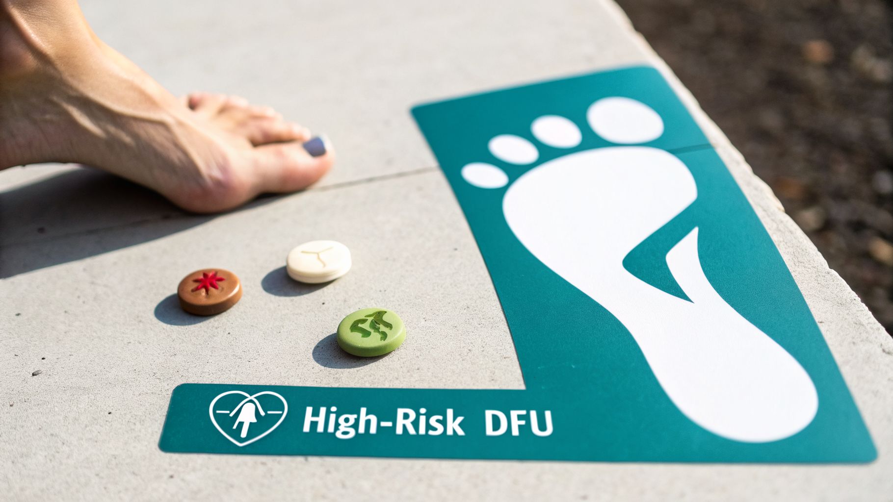 A bare foot poised near small circular tokens and medical signs for High-Risk DFU on concrete.