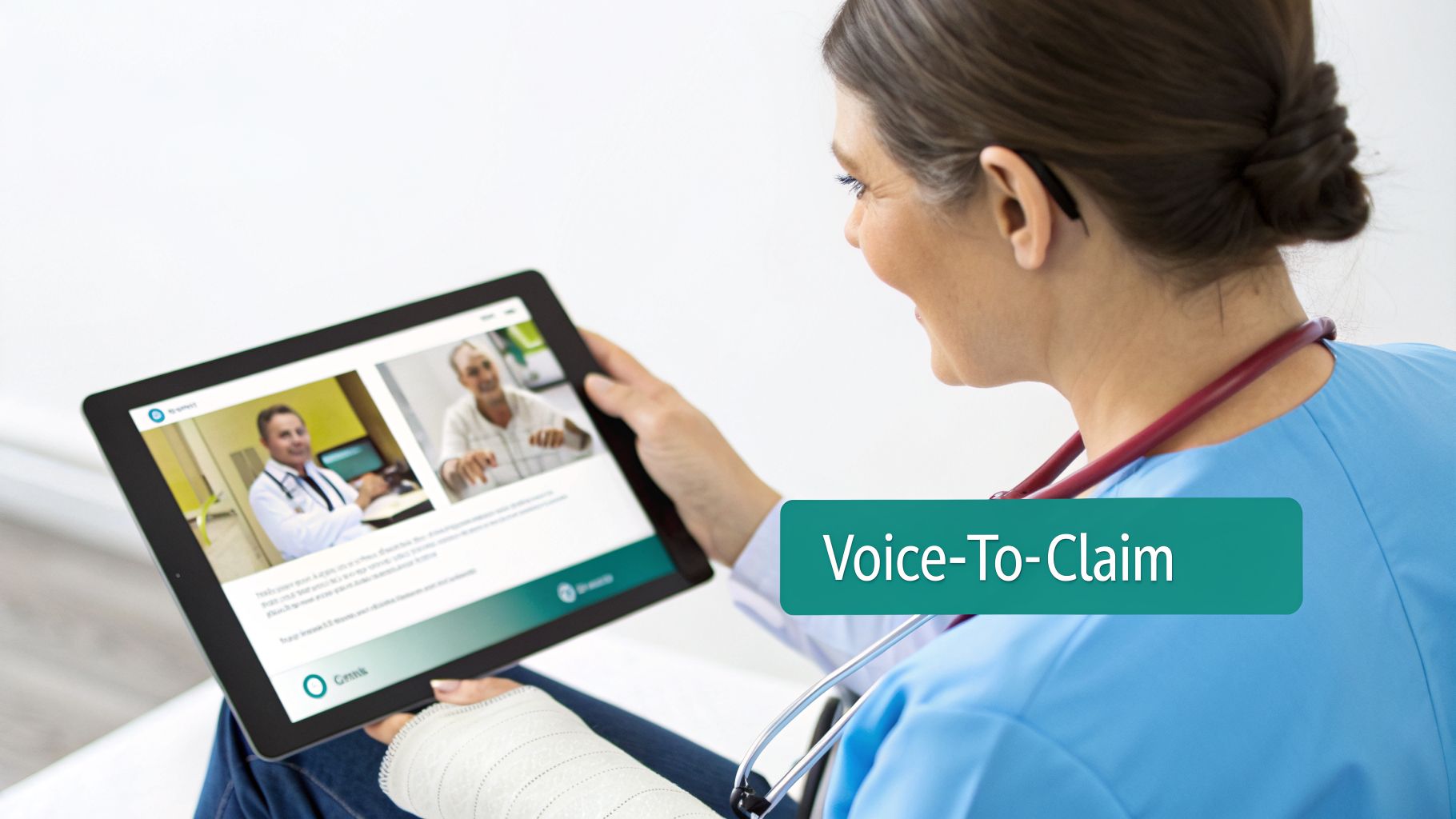 A healthcare professional uses a tablet for a telehealth consultation, with 'Voice-To-Claim' visible.