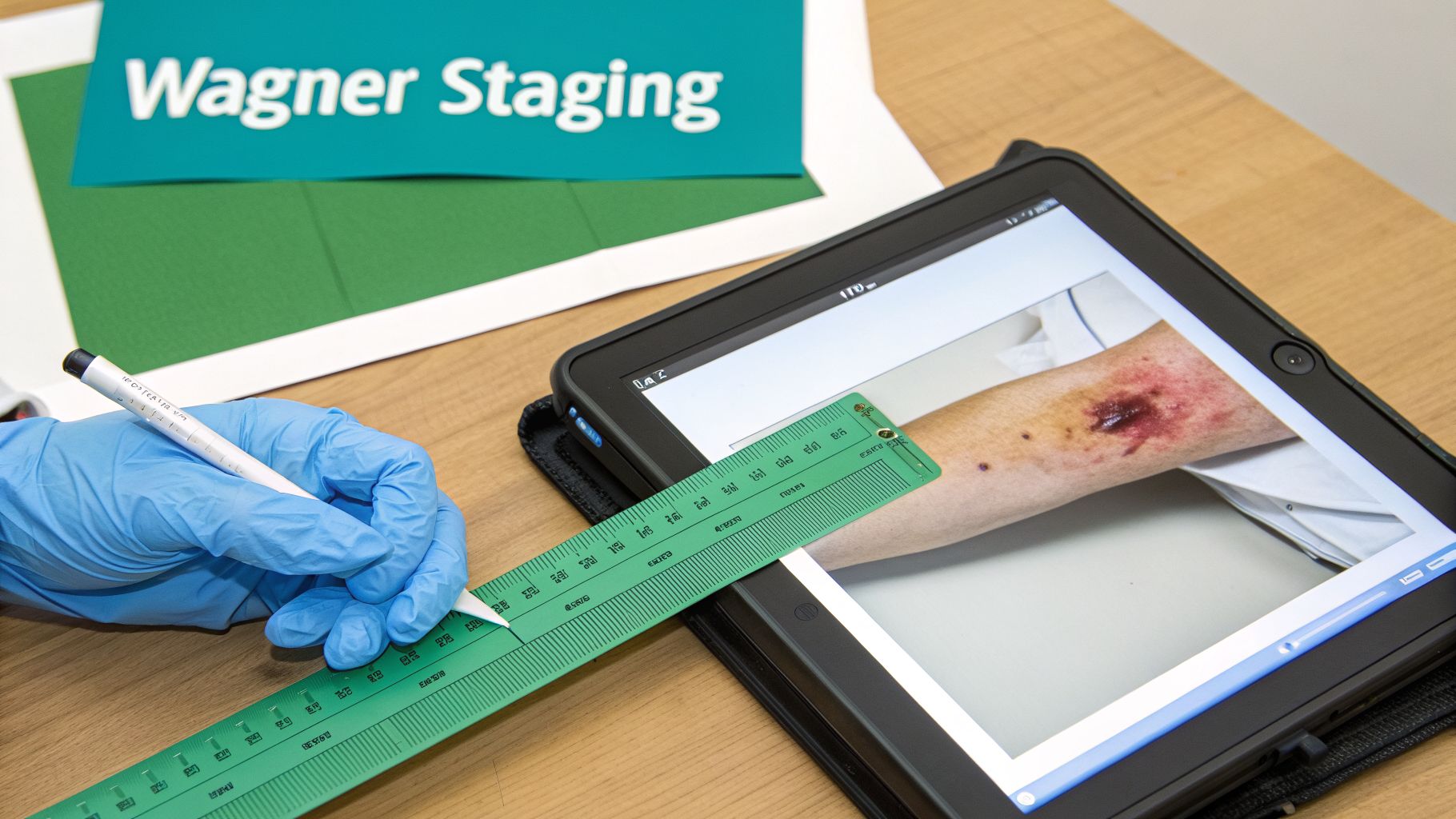 Medical professional using a ruler to measure a severe arm wound on a tablet, with 'Wagner Staging' visible.