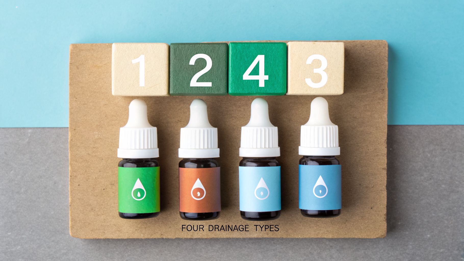 Four numbered dropper bottles with droplet icons on colored labels illustrate different drainage types.