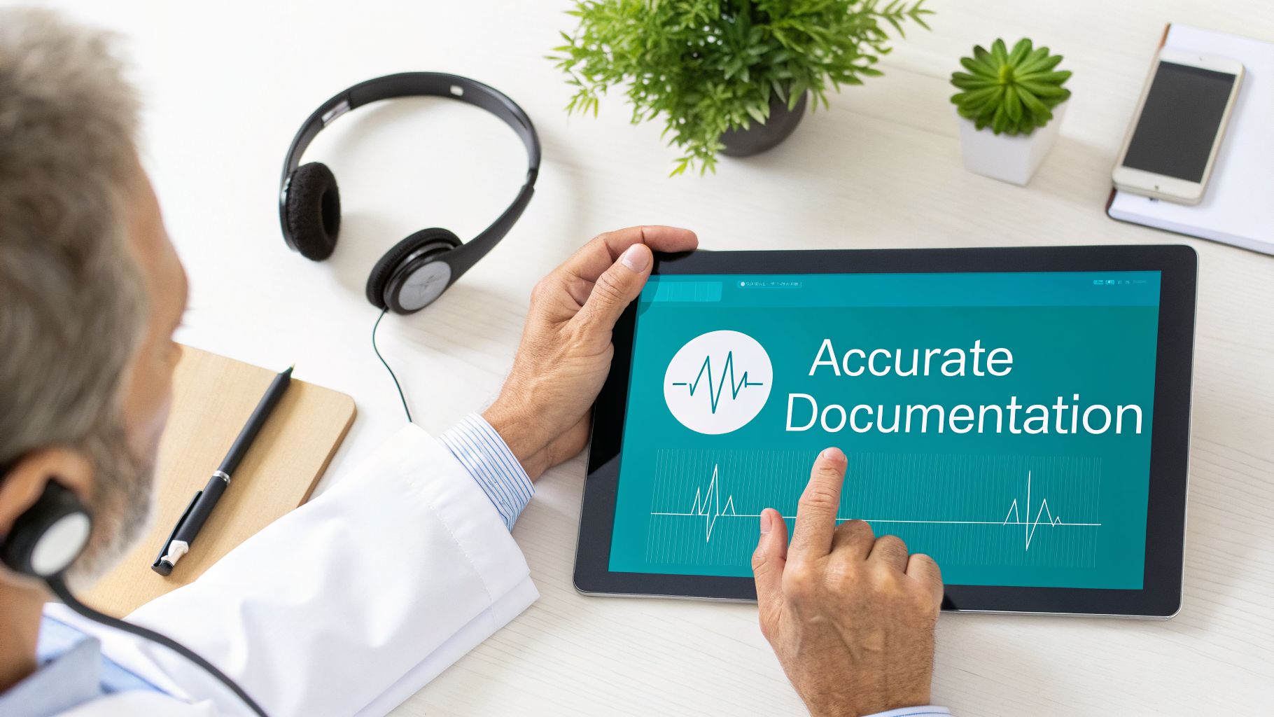 Doctor uses a digital tablet for accurate medical documentation while wearing headphones.