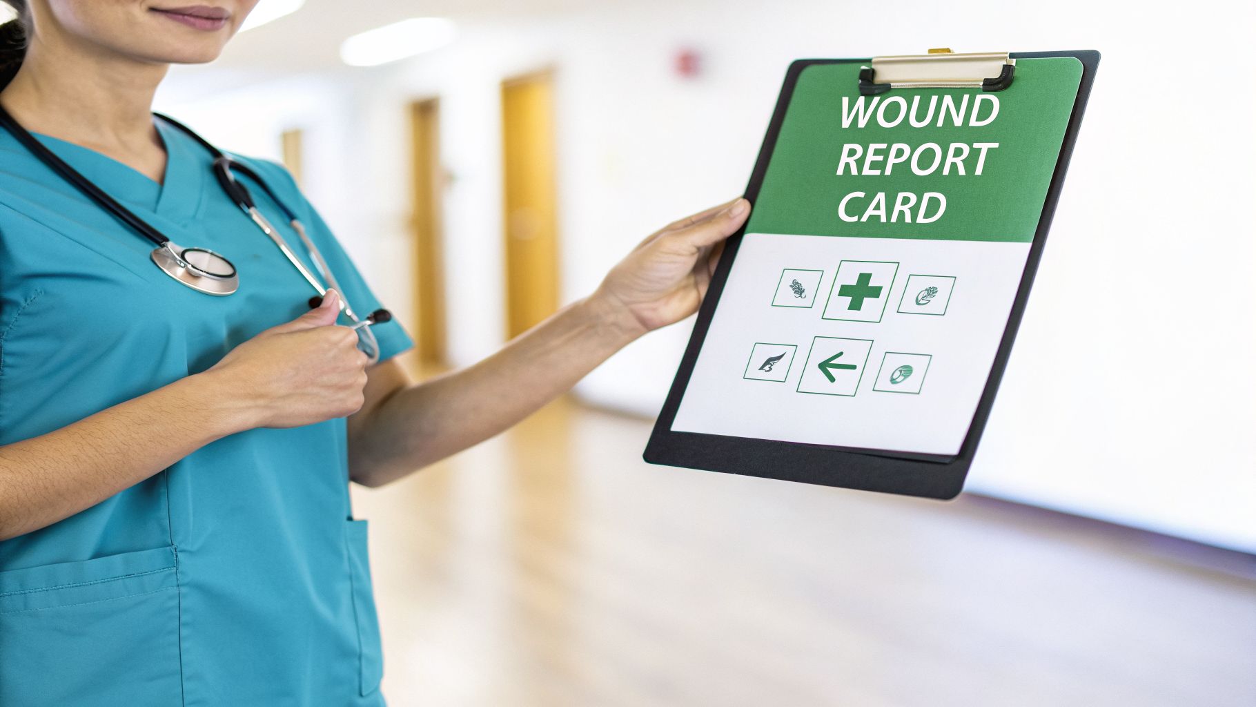 A healthcare professional in teal scrubs holds a clipboard displaying a 'WOUND REPORT CARD' in a hospital setting.