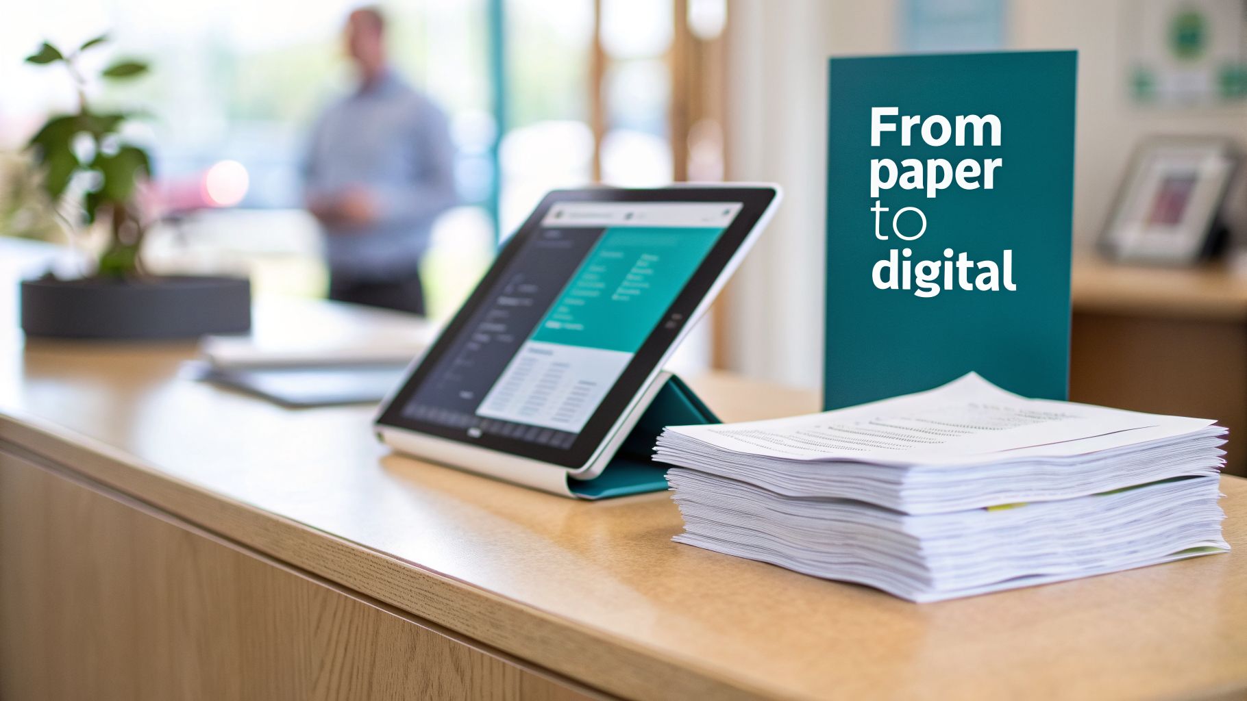 A tablet and a large stack of papers on a wooden desk, next to a sign 'From paper to digital'.