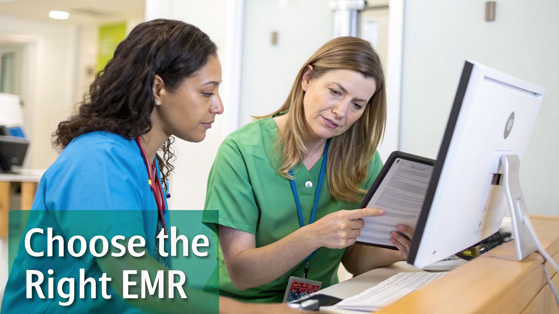 Two healthcare professionals review documents and a computer, discussing patient information or an EMR system.