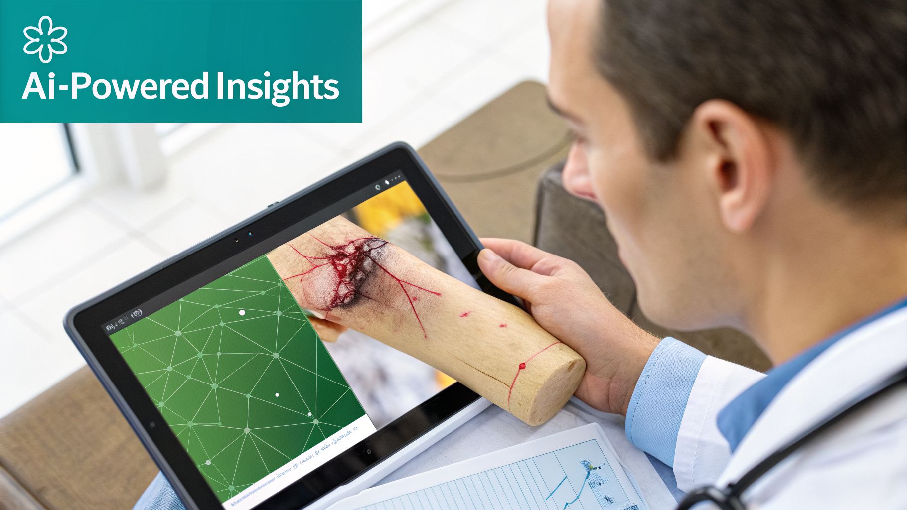 A medical professional uses a tablet displaying AI-powered insights on a simulated limb injury.