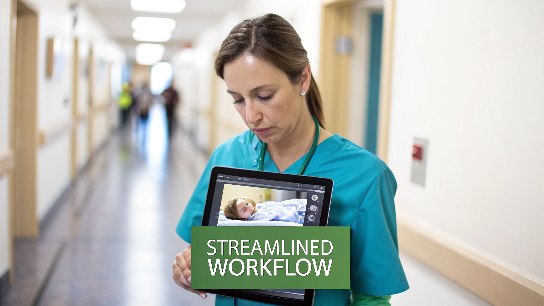 A nurse holds a tablet displaying a patient and "Streamlined Workflow" text in a hospital hallway.