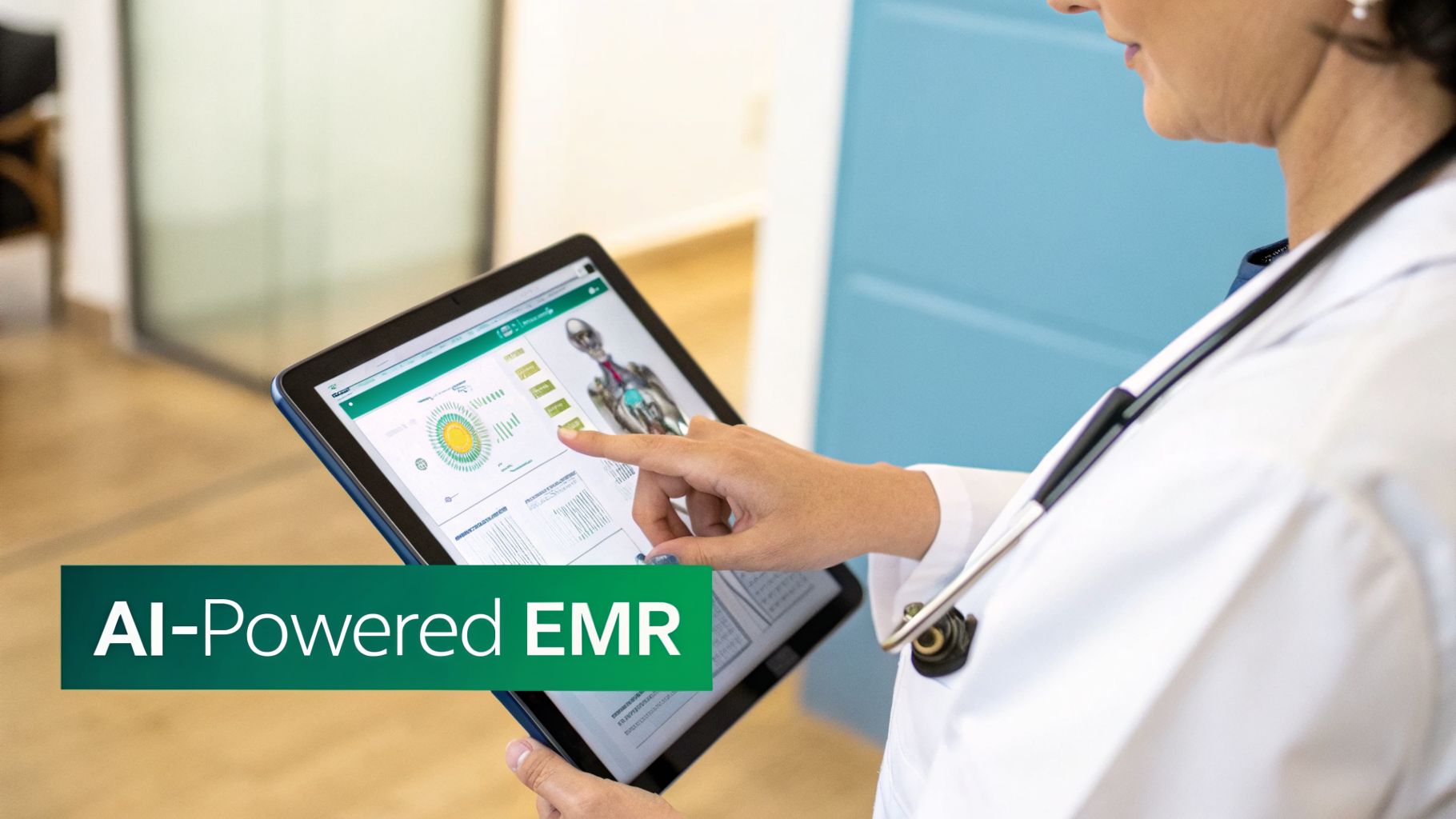 Doctor reviews AI-Powered EMR on a tablet, displaying medical data and an anatomical model.