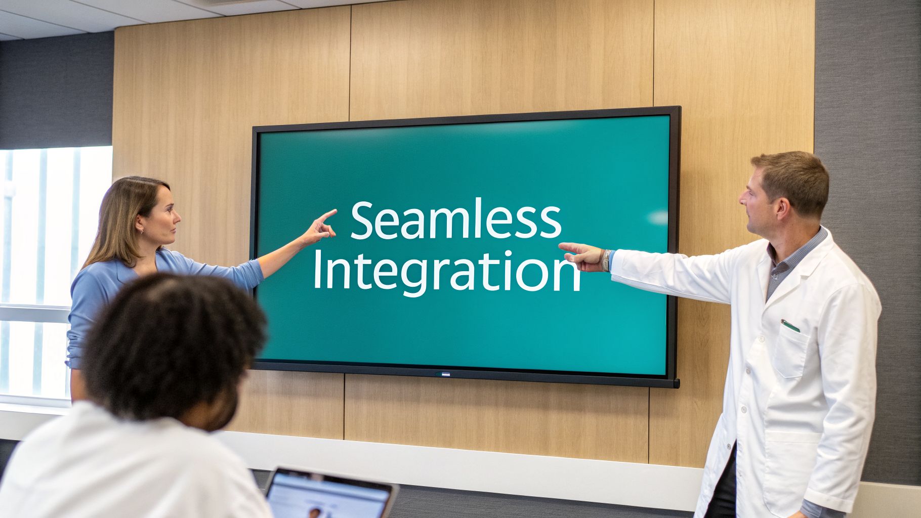 Two medical professionals pointing at a large screen displaying 'Seamless Integration' in a meeting room.