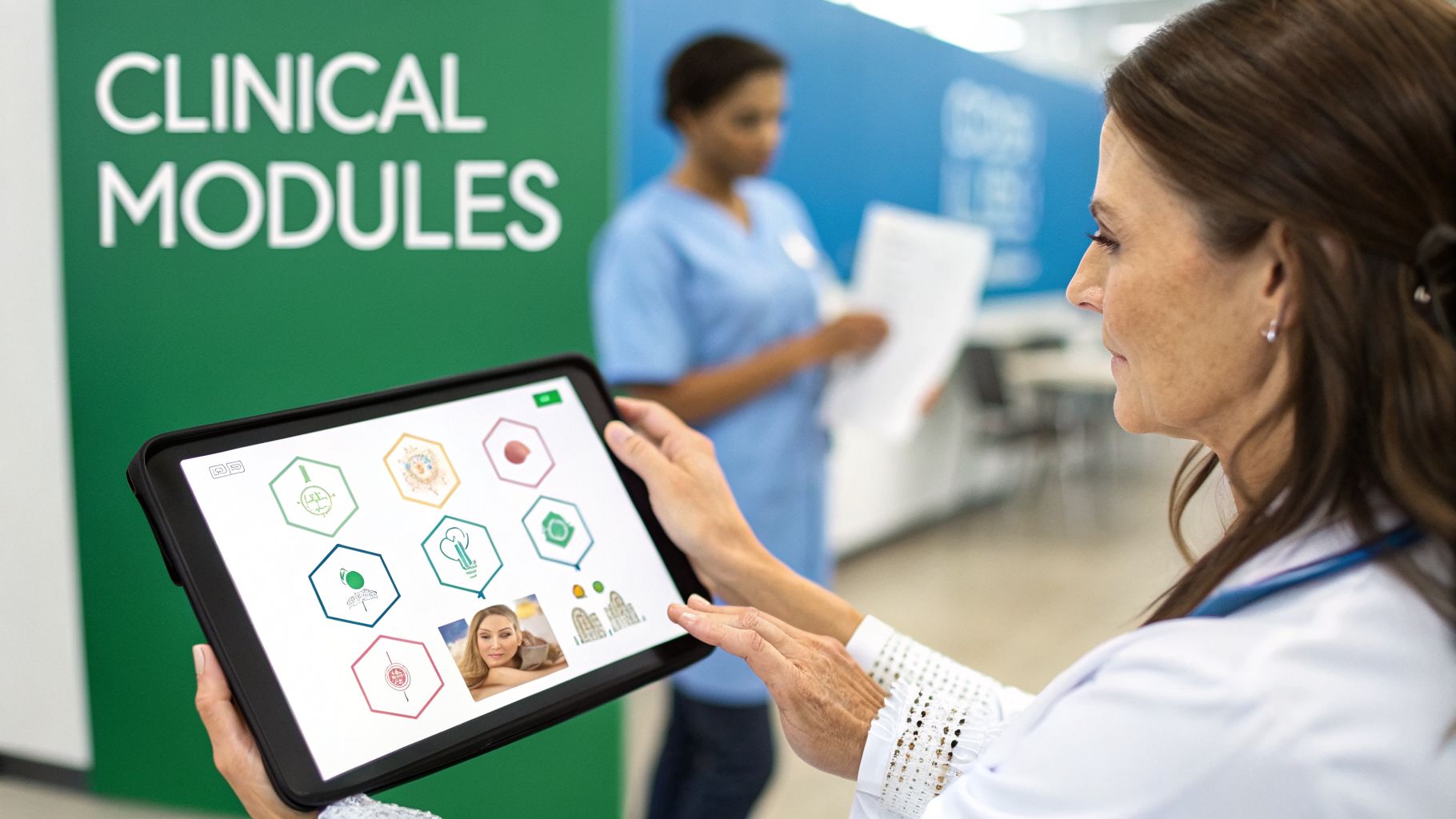 A doctor holds a tablet displaying a medical application with hexagon icons, 'Clinical Modules' sign in the background.