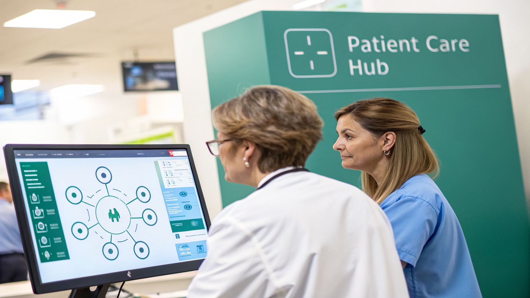 Two medical professionals, a doctor and a nurse, looking at a computer screen displaying a patient care system.