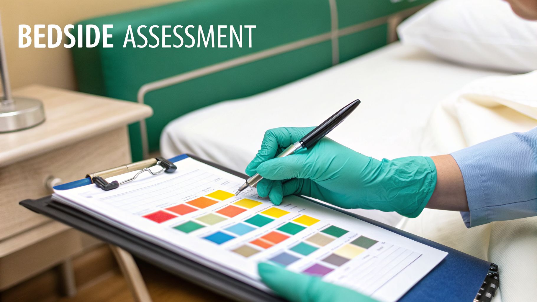 A medical professional in gloves writes on a colorful chart during a bedside assessment.