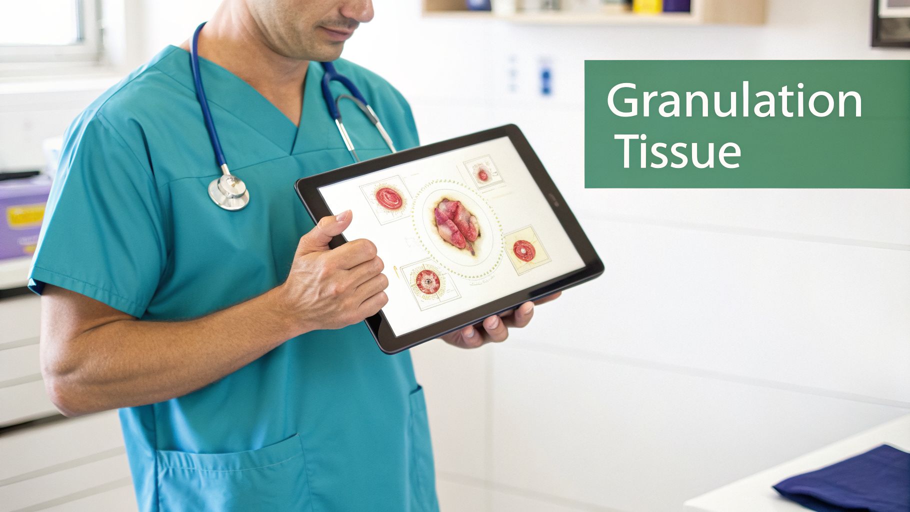 A medical professional in scrubs holds a tablet displaying images of granulation tissue.
