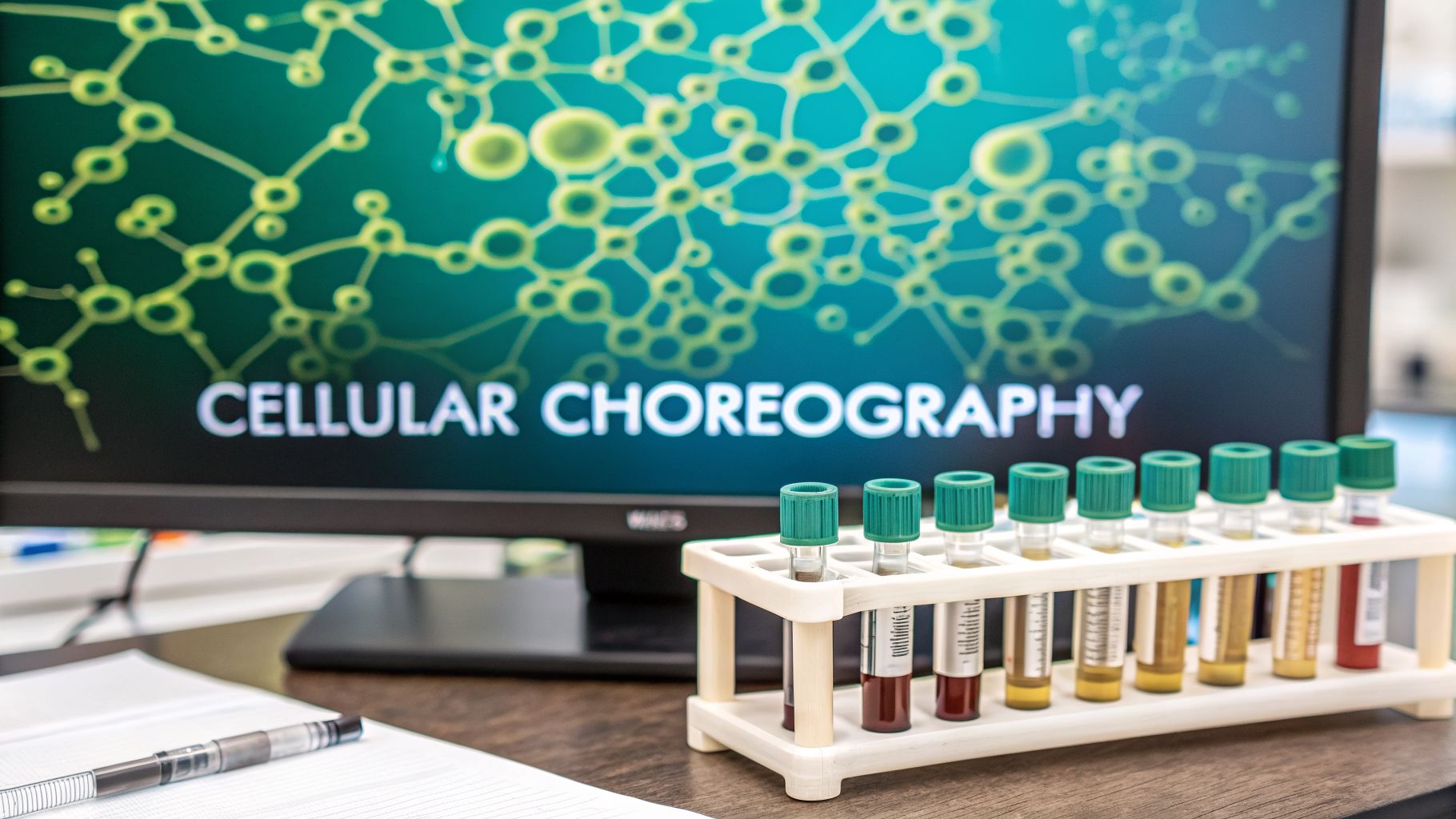 Lab desk with monitor displaying 'CELLULAR CHOREOGRAPHY' and molecular structure, alongside test tubes and a pen.
