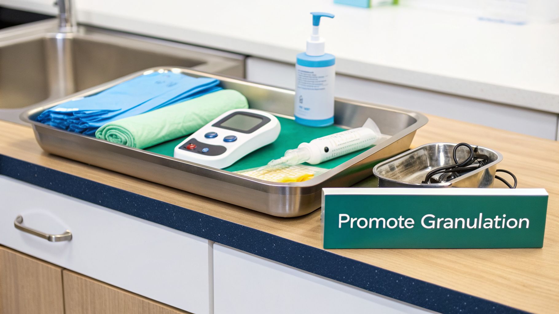 Medical tray with wound care supplies, a device, and a 'Promote Granulation' sign on a counter.