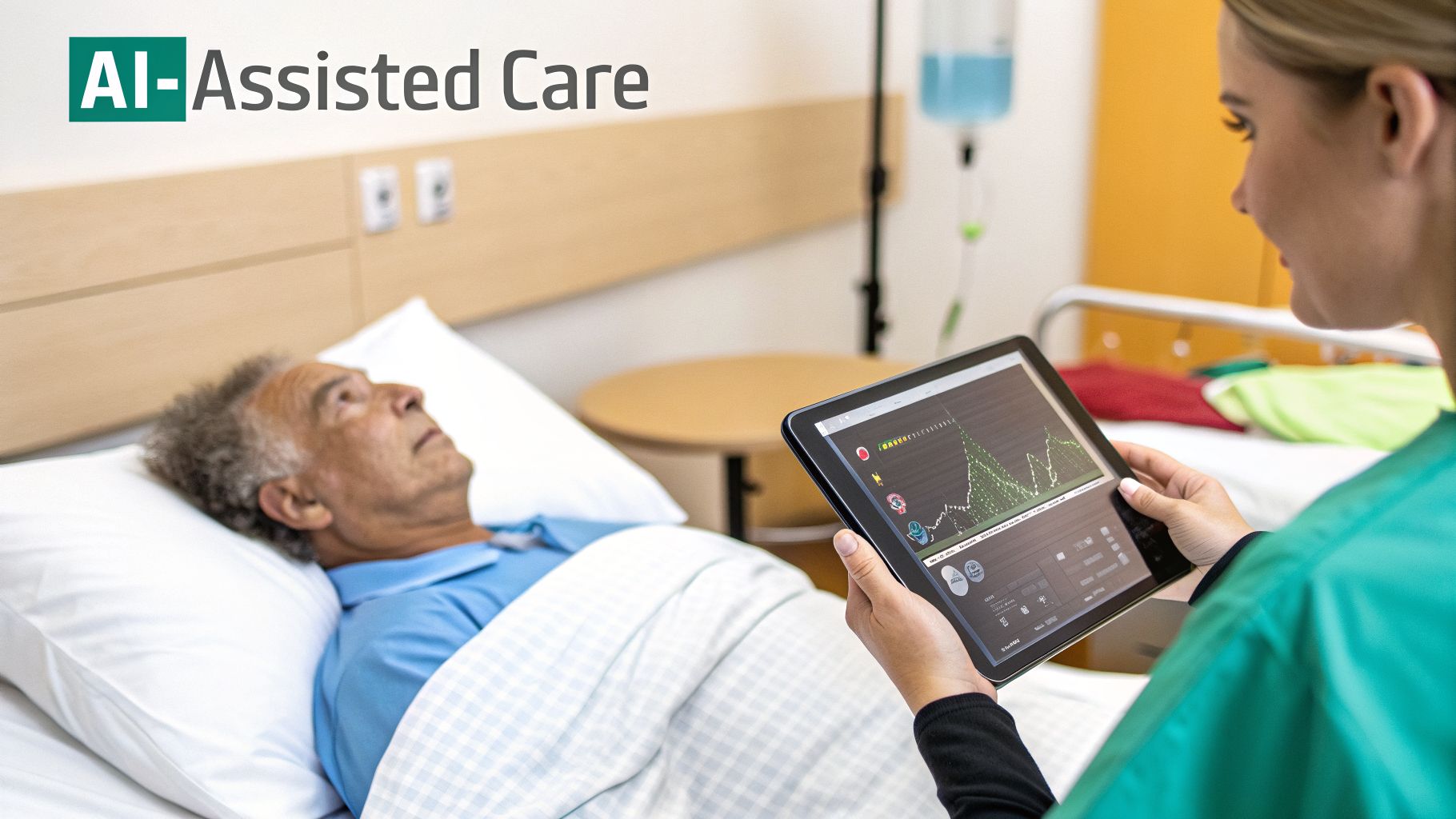 A nurse uses a tablet displaying AI-assisted medical data while an elderly patient rests in a hospital bed.