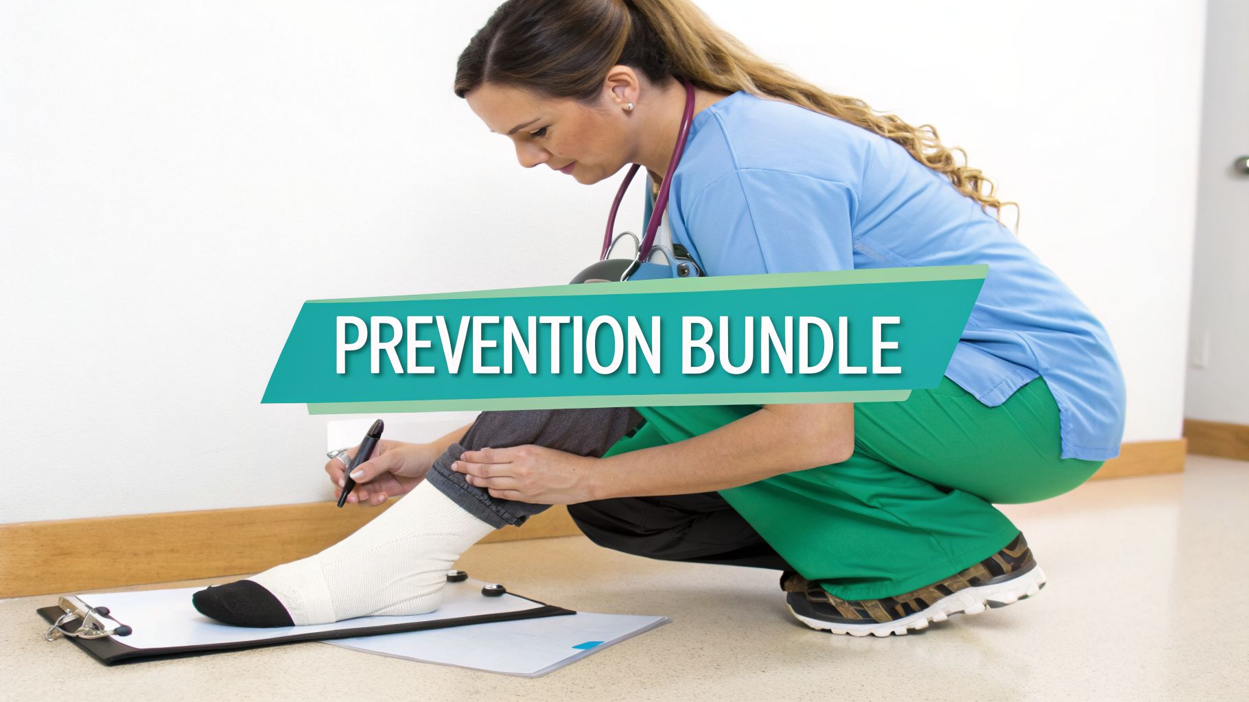 A healthcare worker in scrubs examines a patient's bandaged foot, taking notes on a clipboard.