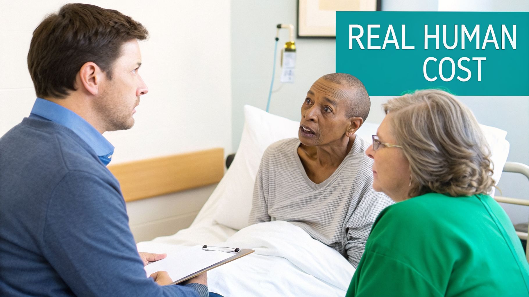 A healthcare professional discusses treatment options with an elderly patient and her family in a hospital.