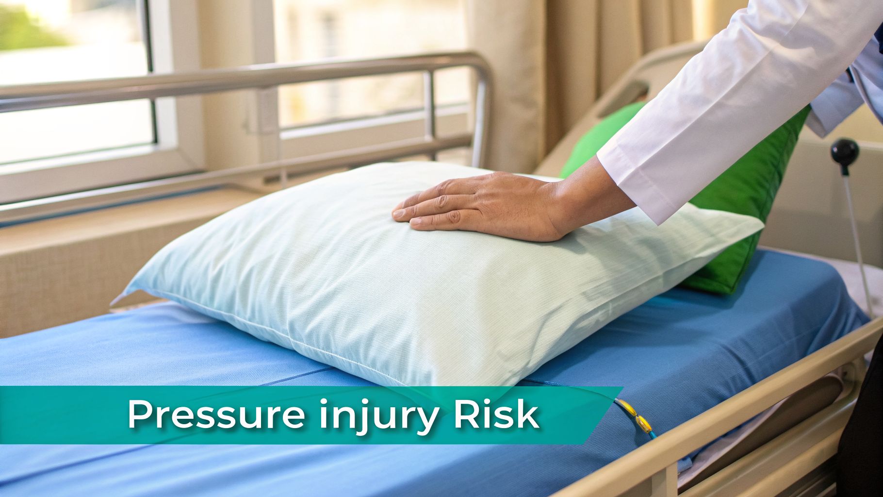 A healthcare worker's hand rests on a pillow in a hospital bed, highlighting pressure injury risk.