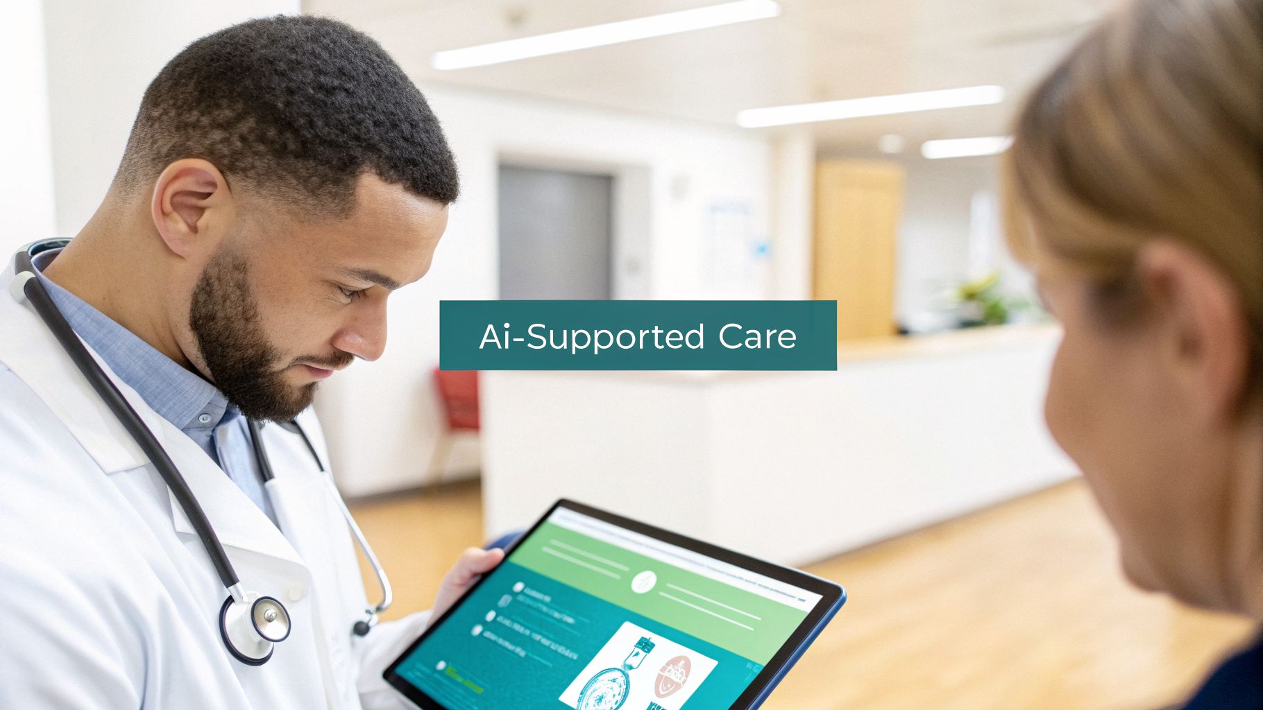 A male doctor with a stethoscope reviews medical data on a tablet, demonstrating AI-supported care.