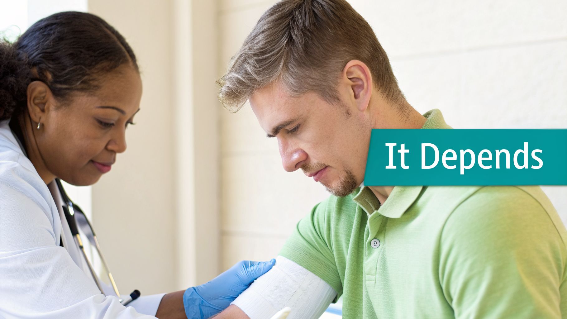 A medical professional takes a man's blood pressure, with a text overlay 'It Depends'.