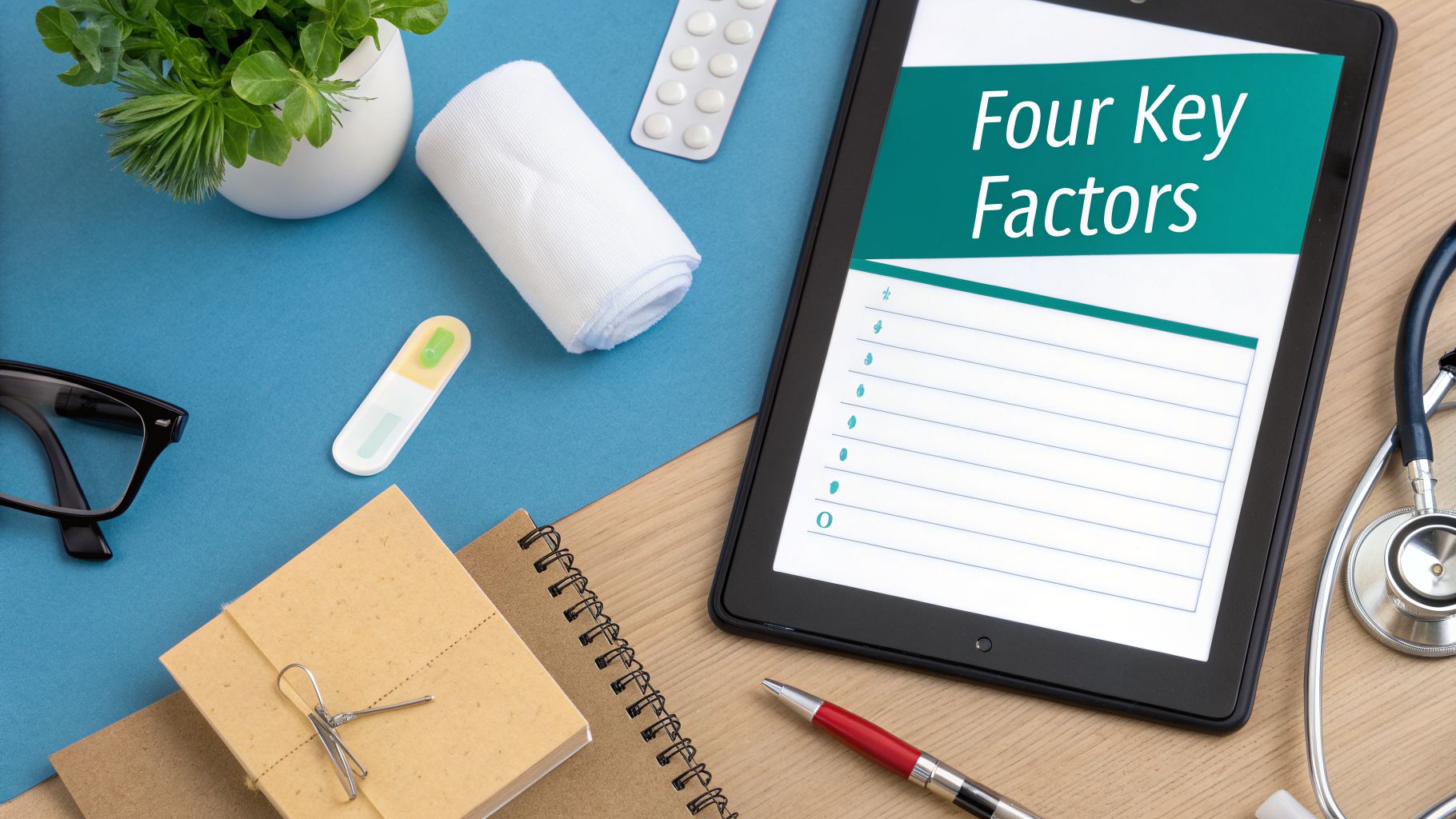 Medical desk flat lay with tablet showing 'Four Key Factors', stethoscope, bandaging, and office supplies.