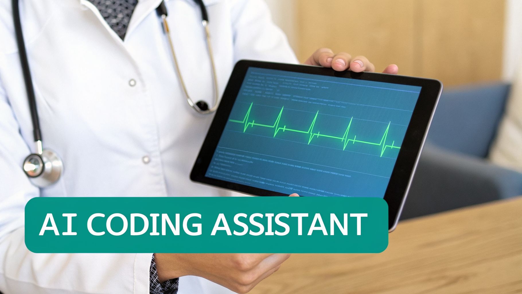 A doctor in a white coat holds a tablet displaying a green heartbeat graph and "AI CODING ASSISTANT" text.