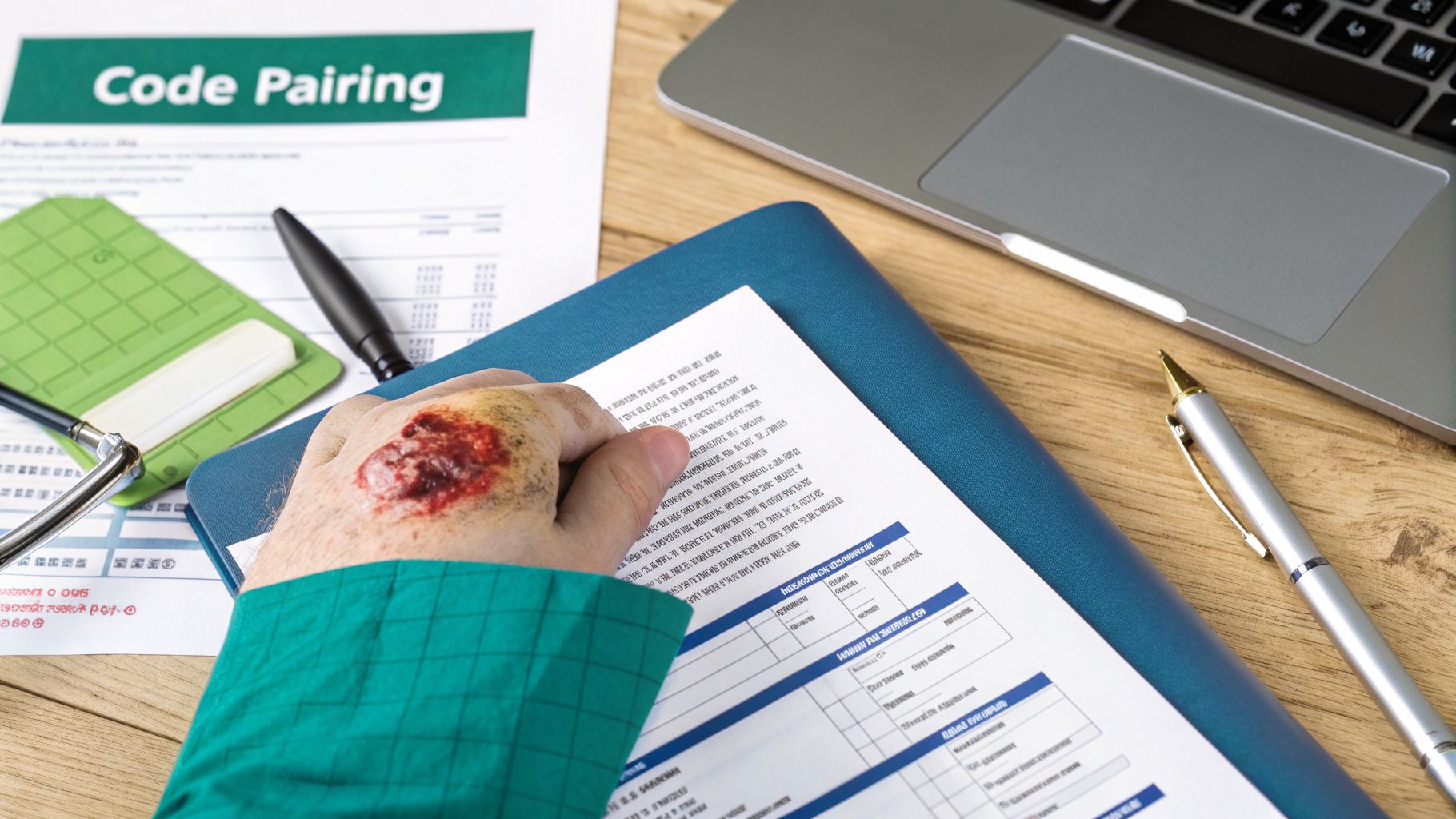 A severely injured hand rests on medical coding documents, a stethoscope, and a laptop.