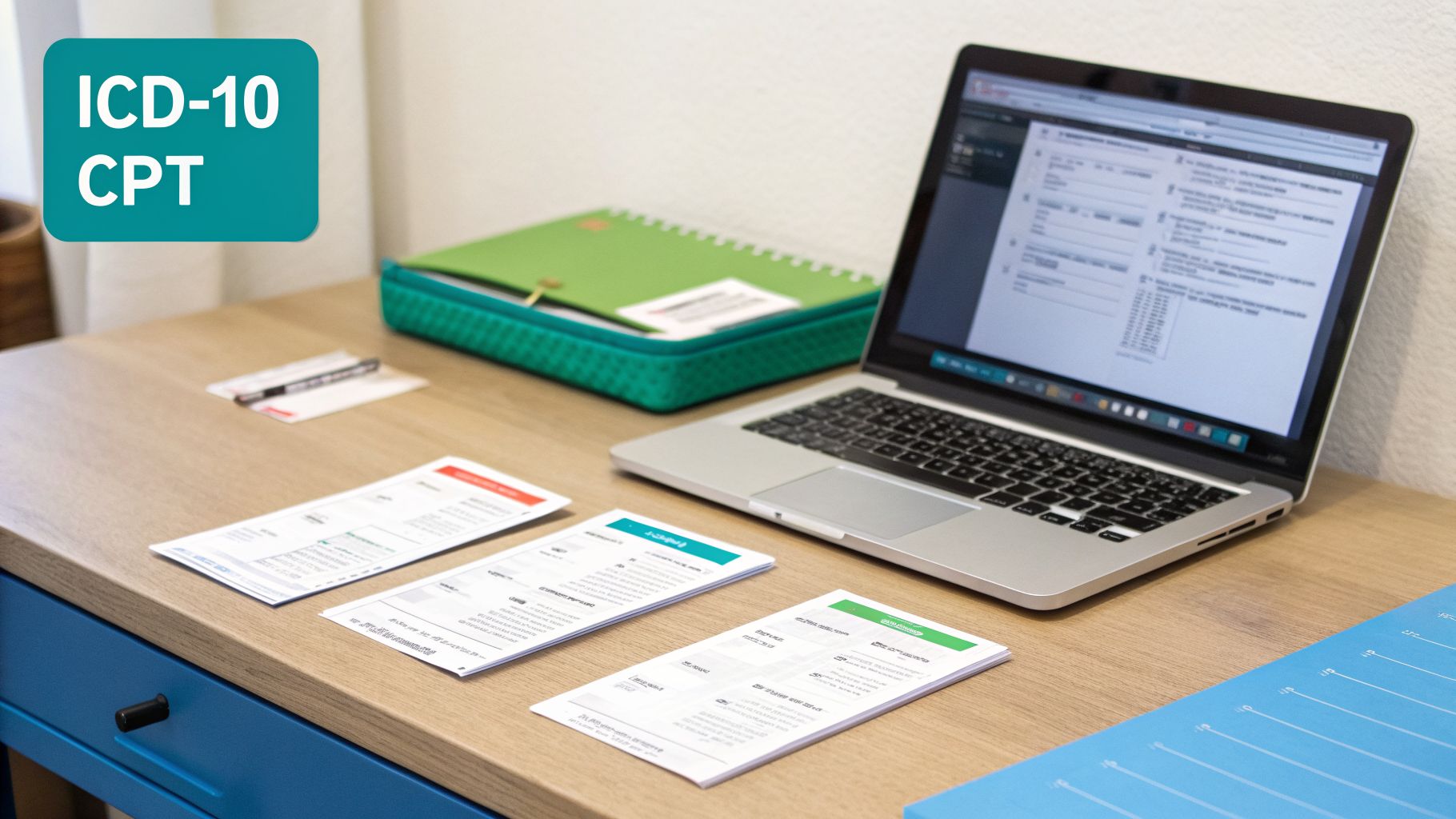 Desk with a laptop, documents, and a binder, highlighting ICD-10 CPT codes.