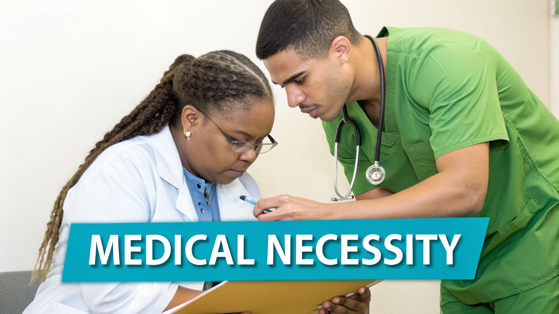 Two medical professionals, a doctor and a nurse, review documents together, discussing medical necessity.