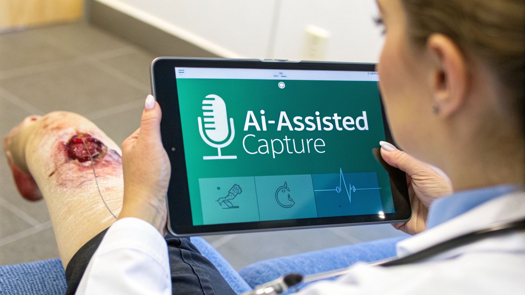 A healthcare professional uses a tablet displaying "Ai-Assisted Capture" for a patient with a leg wound.
