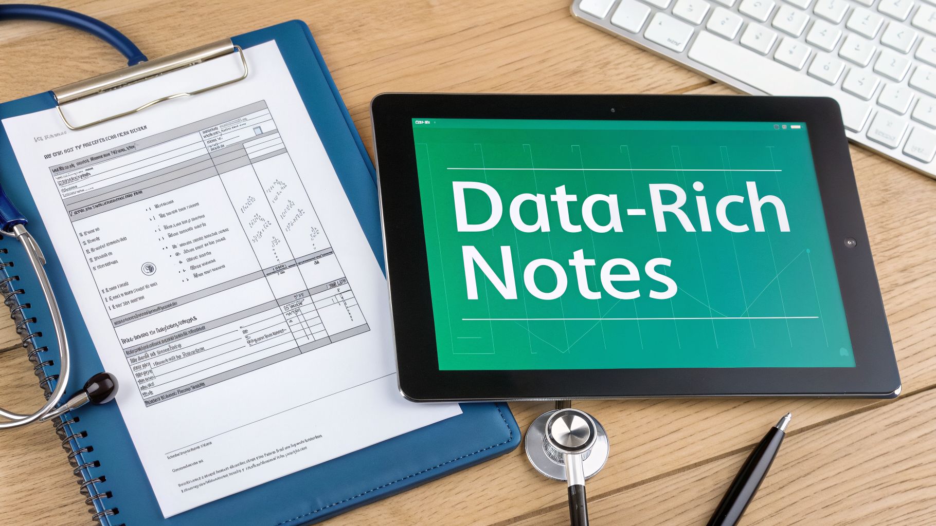 A medical workspace featuring a stethoscope, patient form, and a tablet displaying 'Data-Rich Notes'.