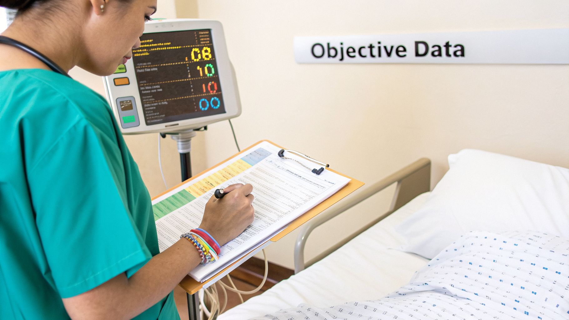 A nurse records patient data on a clipboard next to a vital signs monitor and hospital bed.