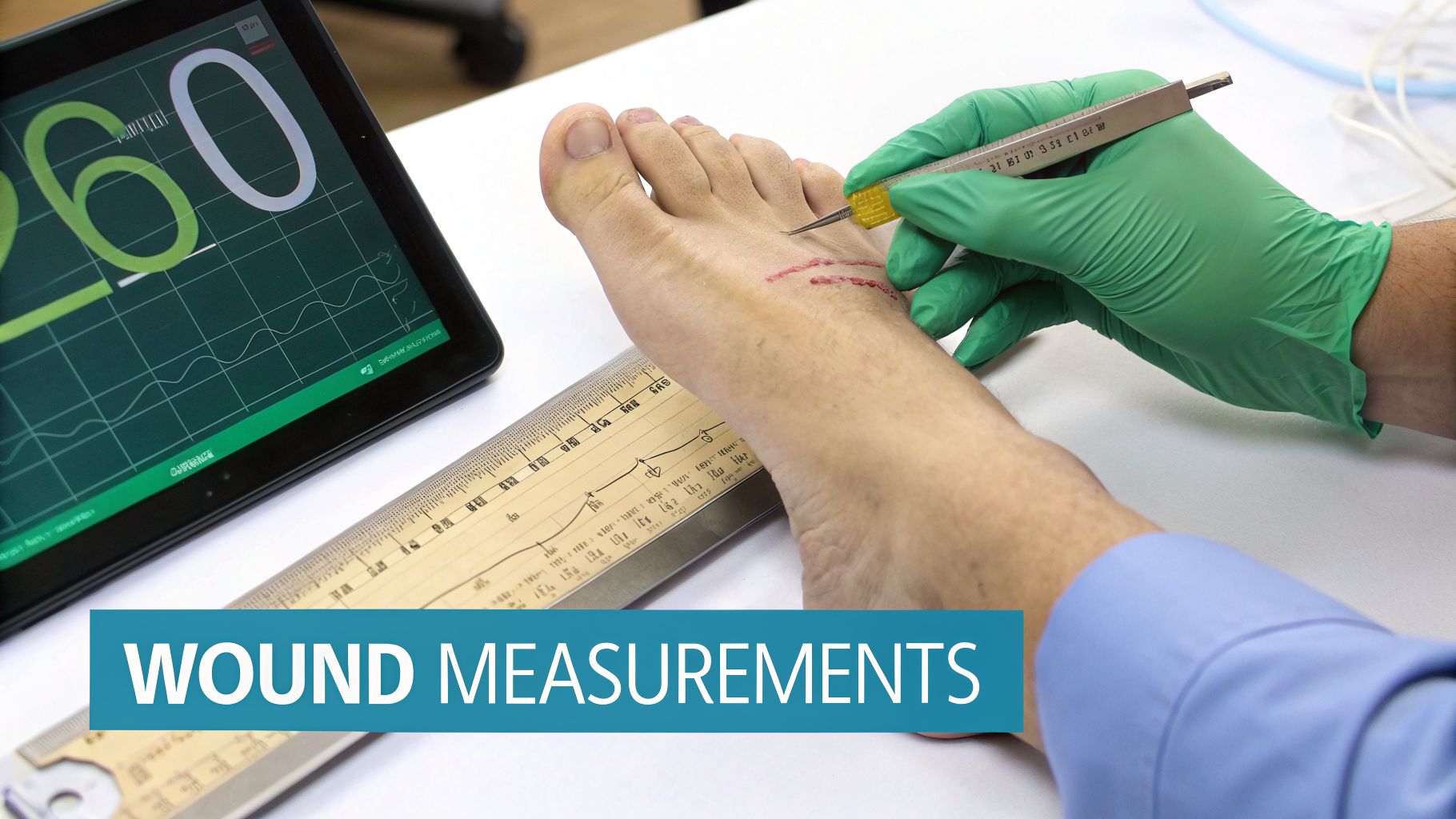 A gloved hand uses a medical tool to measure red marks on a person's foot, with a tablet displaying data and a ruler nearby.