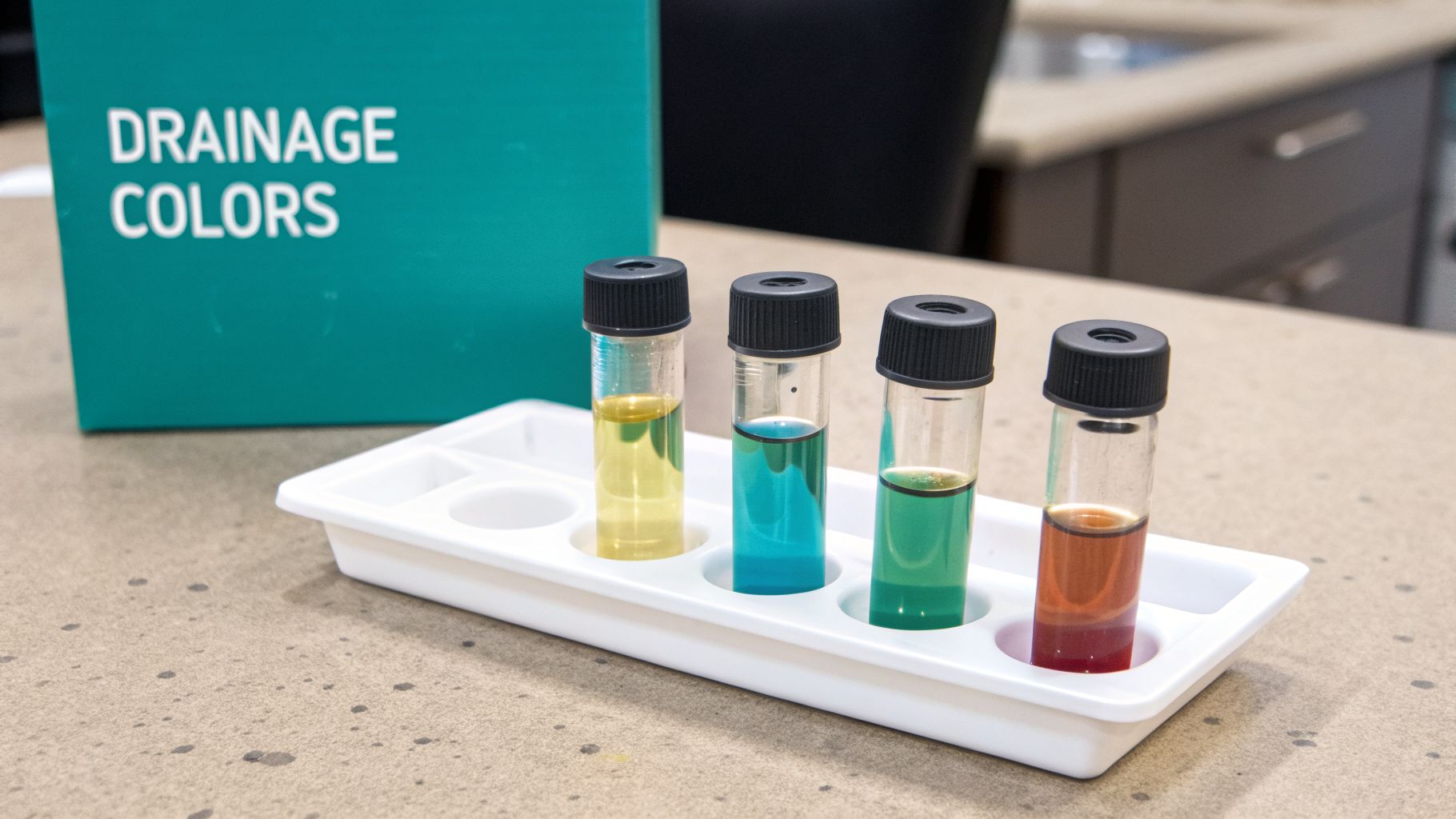 Four test tubes with colorful liquids, representing different drainage colors, displayed on a white tray.